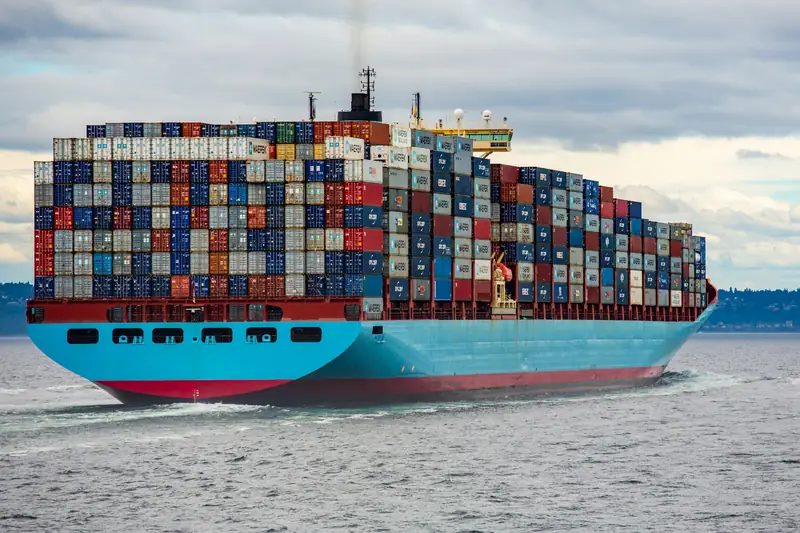 Container ship loaded with cargo at sea