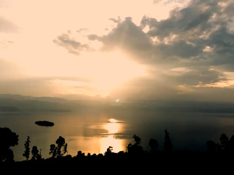 Sunset over Lake Kivu and the hills of western Rwanda
