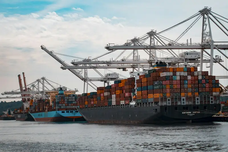 Container ship being loaded at a port