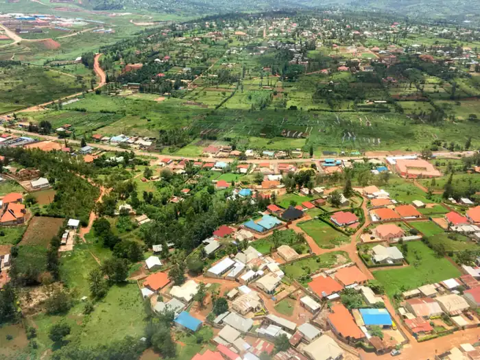 Aerial view of green landscape in central Rwanda